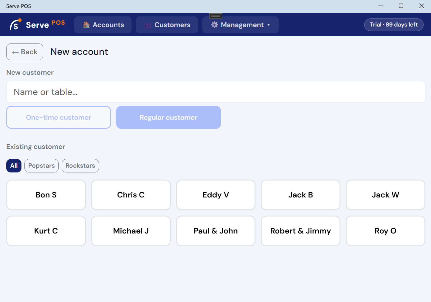 Serve POS member list — tap a name to open their tab instantly