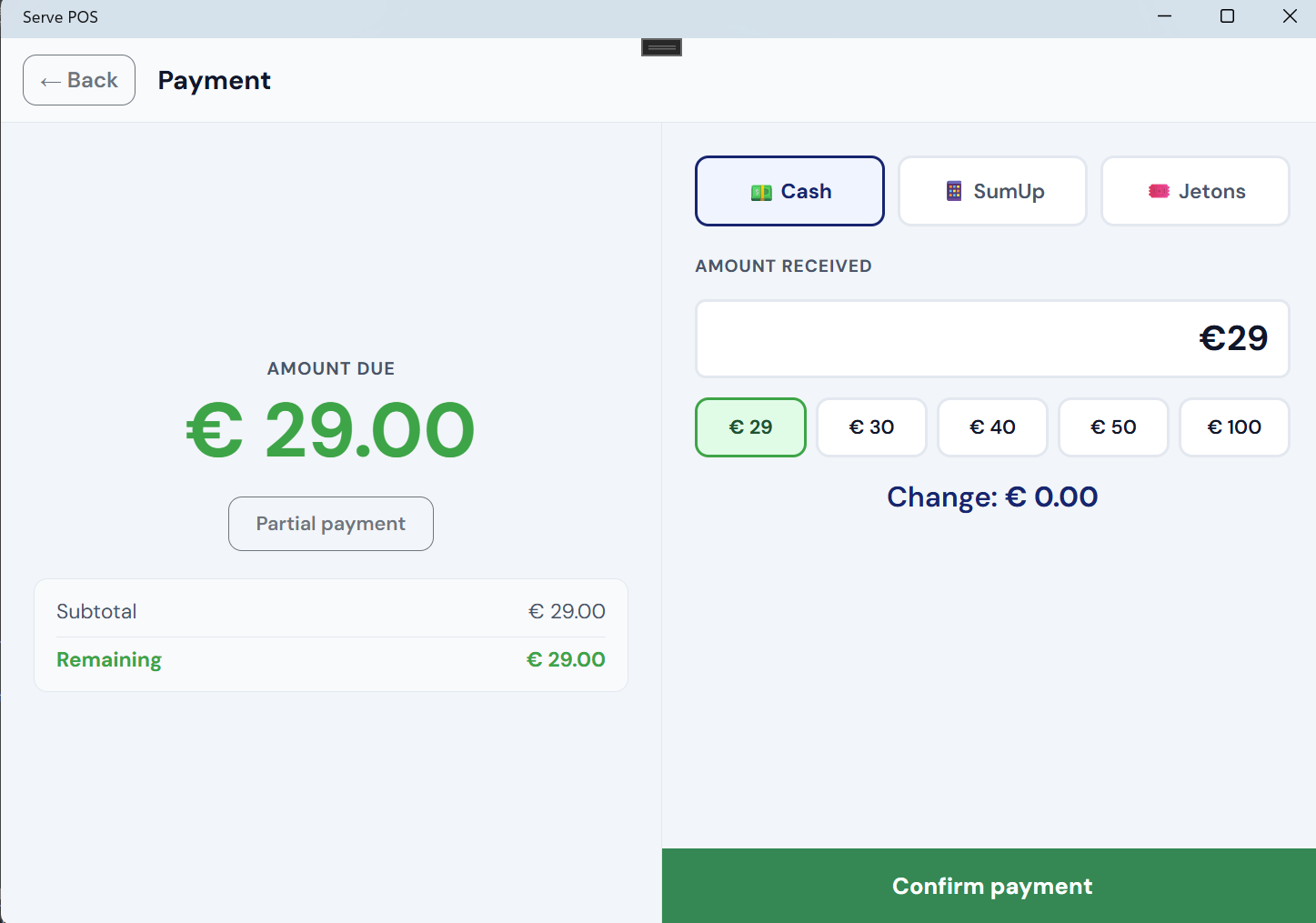 Serve POS payment screen showing all available payment methods
