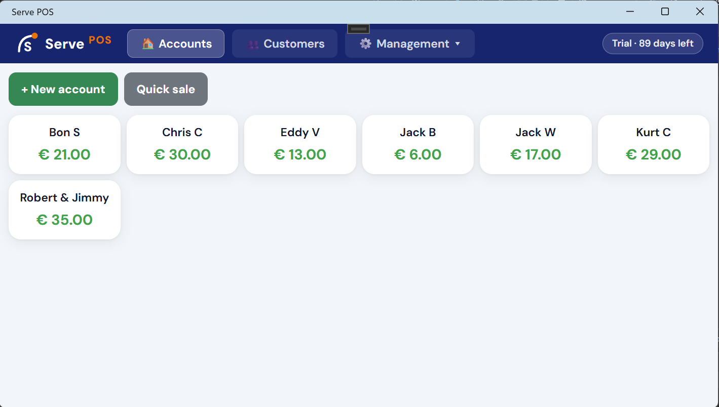 Serve POS tab overview — all open tabs with running totals